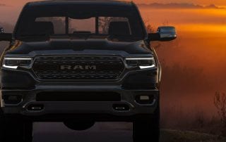 Front view of Ram truck in the sunset